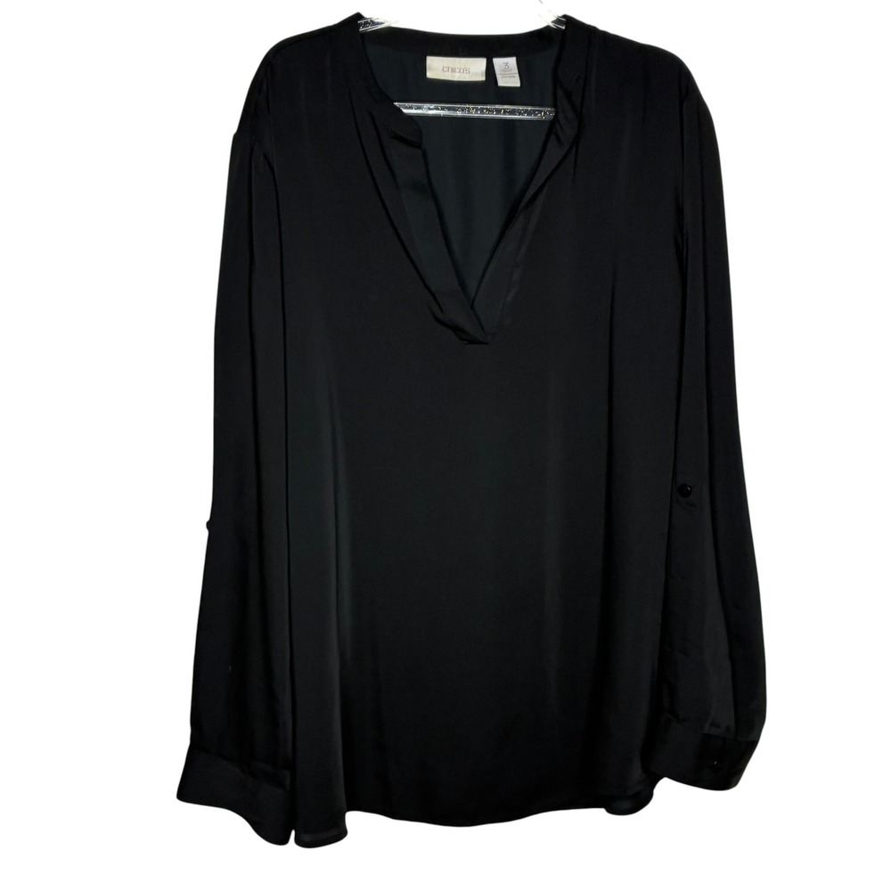 Chicos Womens 3 XL Black V-Neck Roll Tab Blouse Long Sleeve Minimalist Capsule